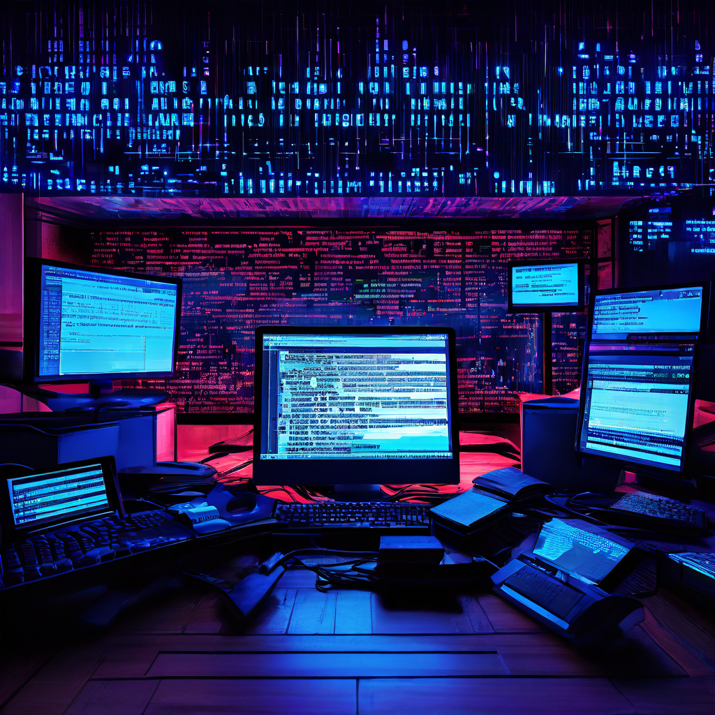 컴퓨터 화면에 깨진 글자와 경고 표시가 어지럽게 깜빡이는 오류 로그 파일이 가득한 모습이다.