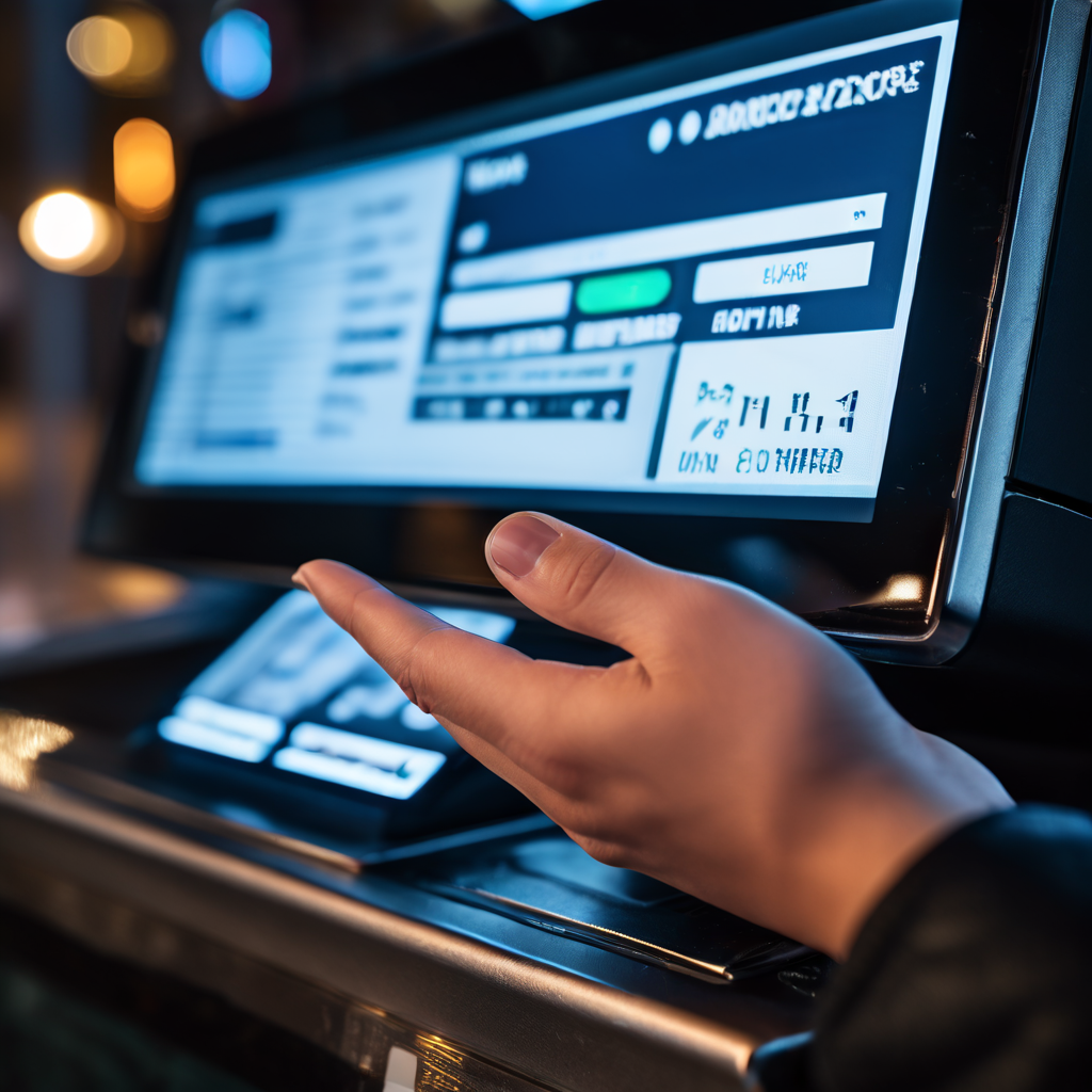 결제 단말기 화면에 오류 메시지가 표시된 채 멈춰 있고, 당황한 듯 그 위에 손이 맴도는 모습이다.