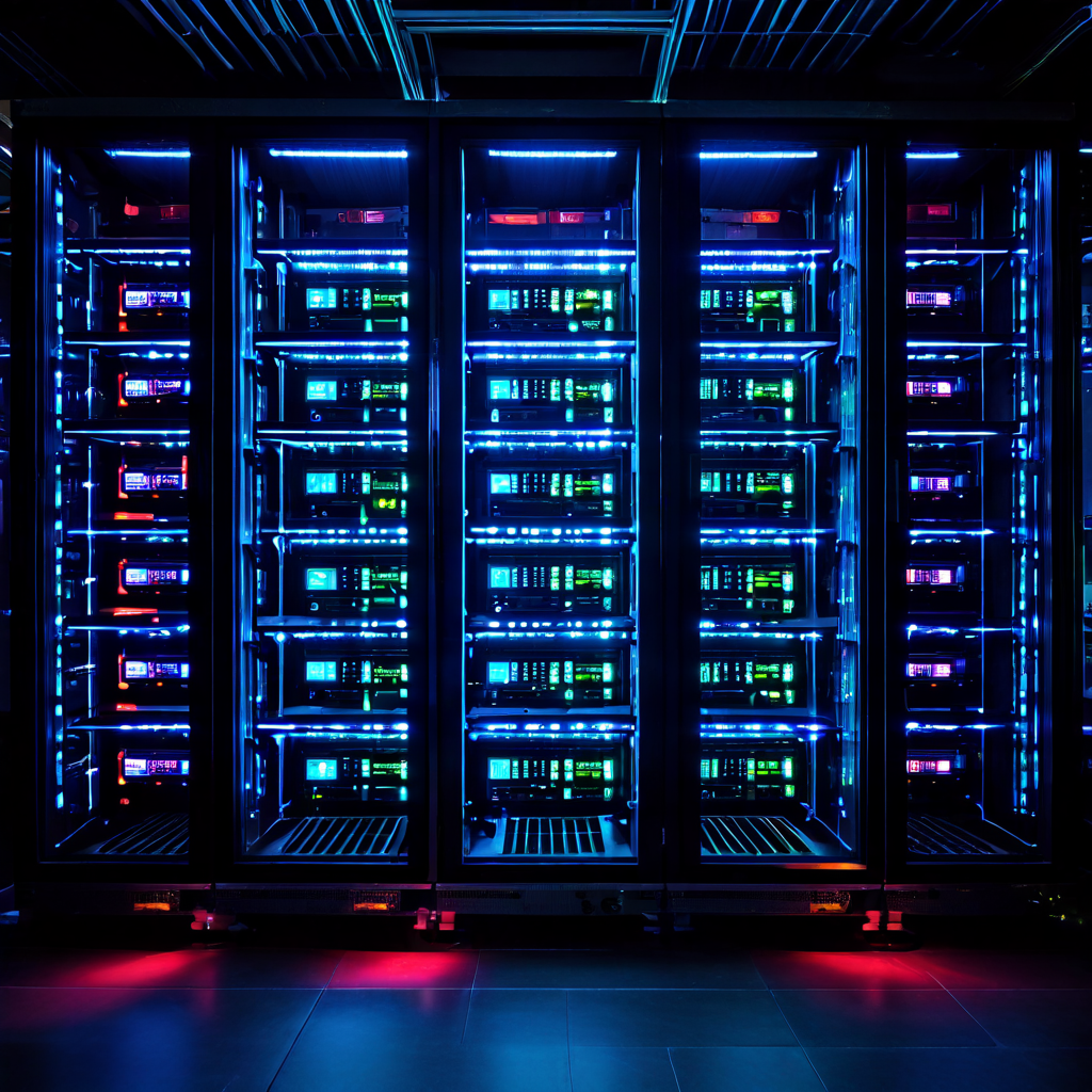 한 대의 디지털 서버 랙에 단 하나만 꾸준히 빛나는 표시등이 있고, 그 주변으로 같은 빛들이 불규칙하게 깜빡이며 복제되어 퍼지는 모습이다.