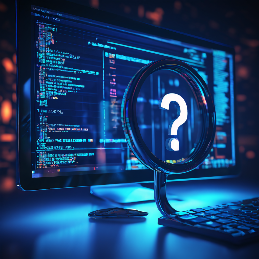 컴퓨터 화면에 표시된 시뮬레이션 데이터 오류와 불일치 현상을 확대경으로 살펴보며, 근처에 떠 있는 물음표가 문제 해결 과정을 상징하는 디지털 분석 장면입니다.