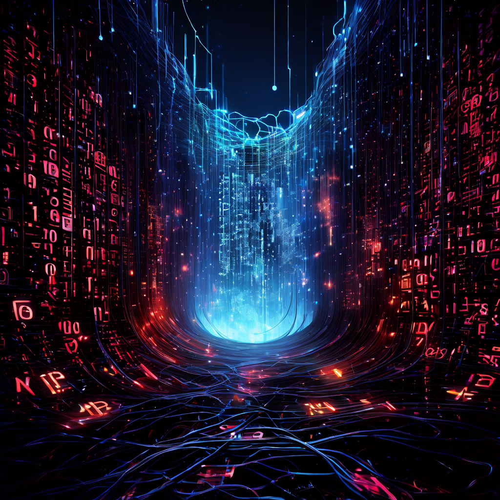 균열이 간 결정론적 코어에서 빛나는 무작위 숫자와 데이터가 예측 불가능하게 분출되는 혼란스러운 디지털 시스템의 내부 구조를 상세히 보여주는 개념 이미지입니다.