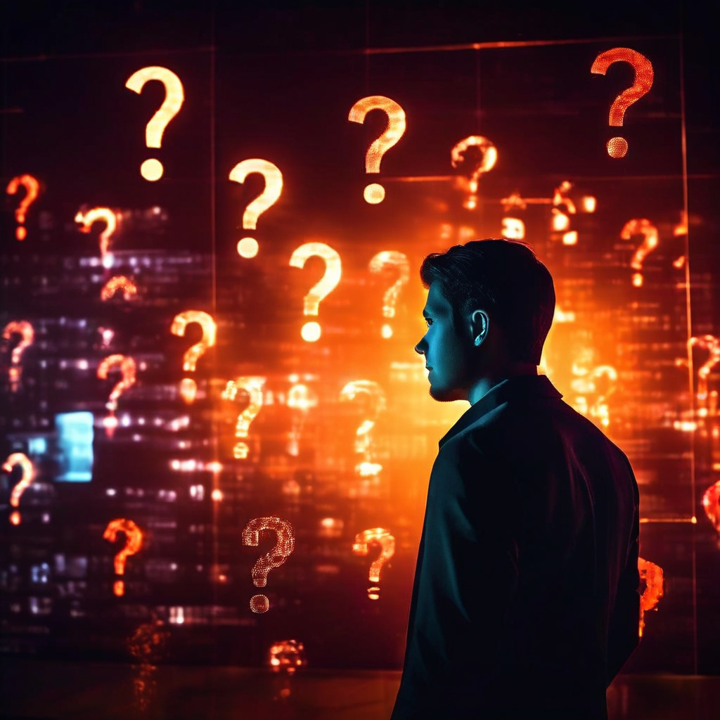 흐릿한 개인 파일 위로 물음표가 빛나는 화면을 바라보는 사람과 배경의 수상한 그림자가 보이는 모습이다.