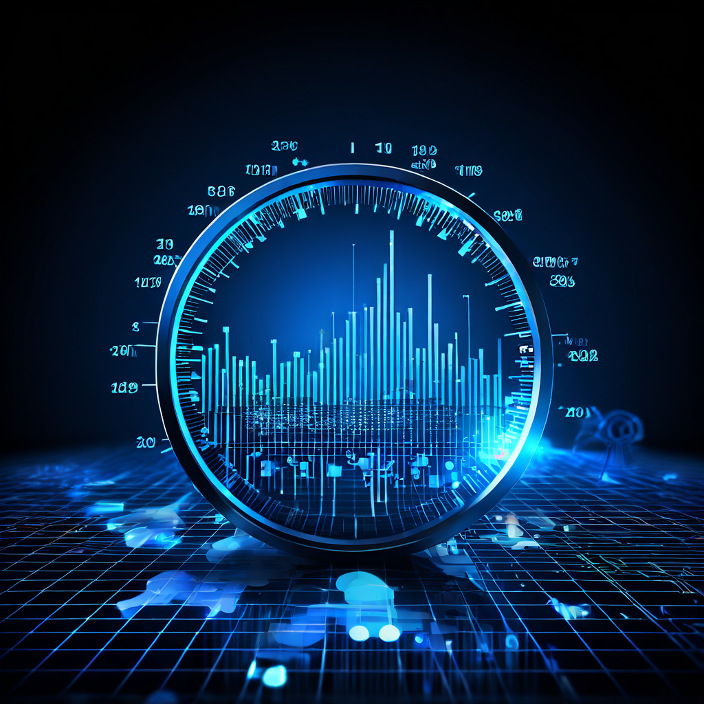데이터 분석과 기술 발전의 연관성을 상징하는 확대경이 그래프 선을 검토하며, 배경에는 기어와 이진 코드 아이콘이 희미하게 배치된 개념도 이미지입니다.