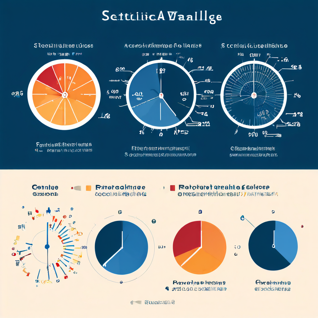 네 가지 주요 통계 변수를 나타내는 대형 다이얼을 조정하여 중앙 데이터 샘플의 크기가 변화하는 과정을 시각화한 인포그래픽입니다.