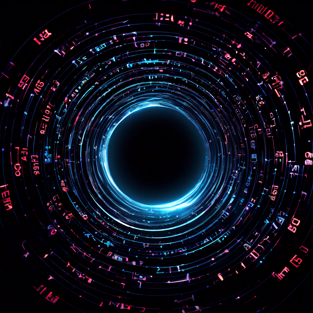 어두운 디지털 공간에서 수학적으로 생성된 빛나는 이진 숫자들이 예측 가능한 무한 루프를 이루며 소용돌이치는 모습을 표현한 추상 이미지입니다.