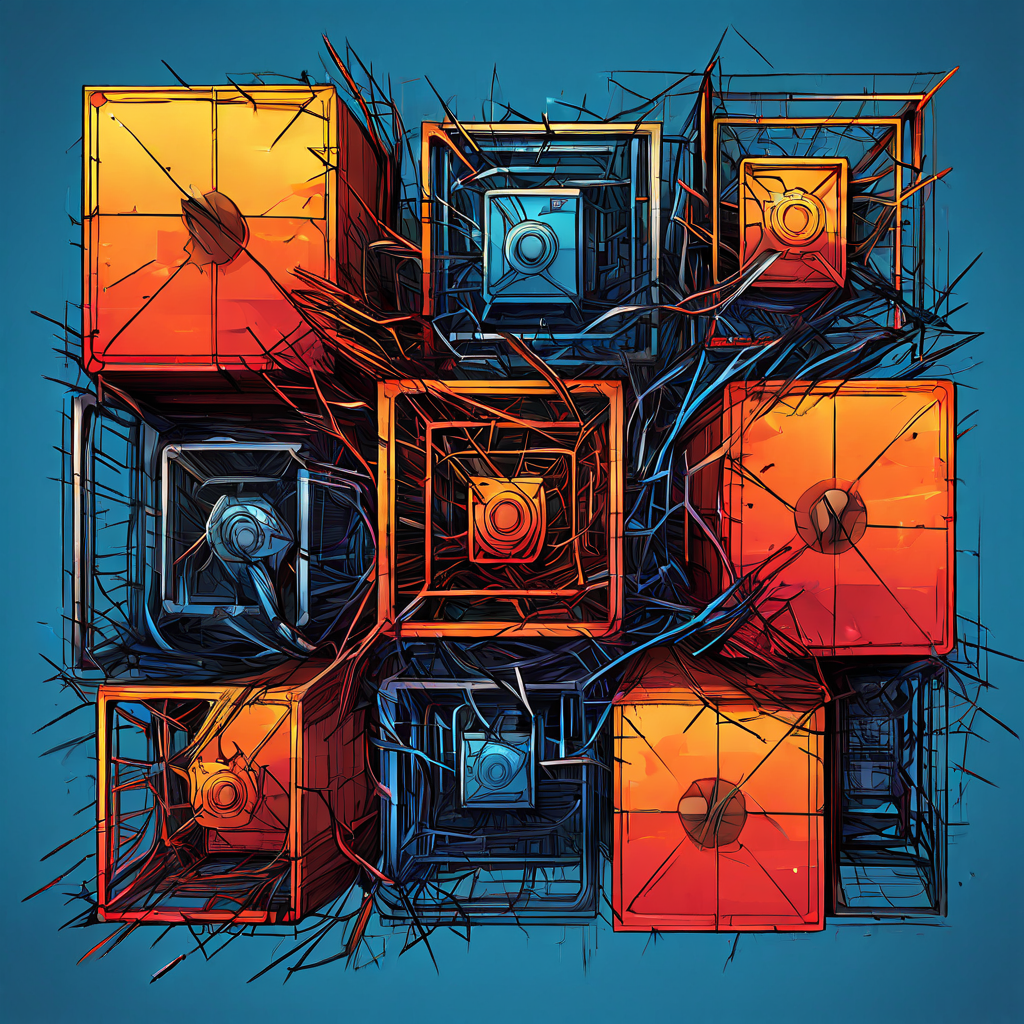 웹 개발 과정에서 발생하는 뷰포트 충돌, CSS 우선순위 문제, JavaScript 오류가 복잡하게 얽혀 시각적 불협화음을 이루는 프론트엔드 디버깅의 어려움을 상징적으로 표현한 이미지입니다.