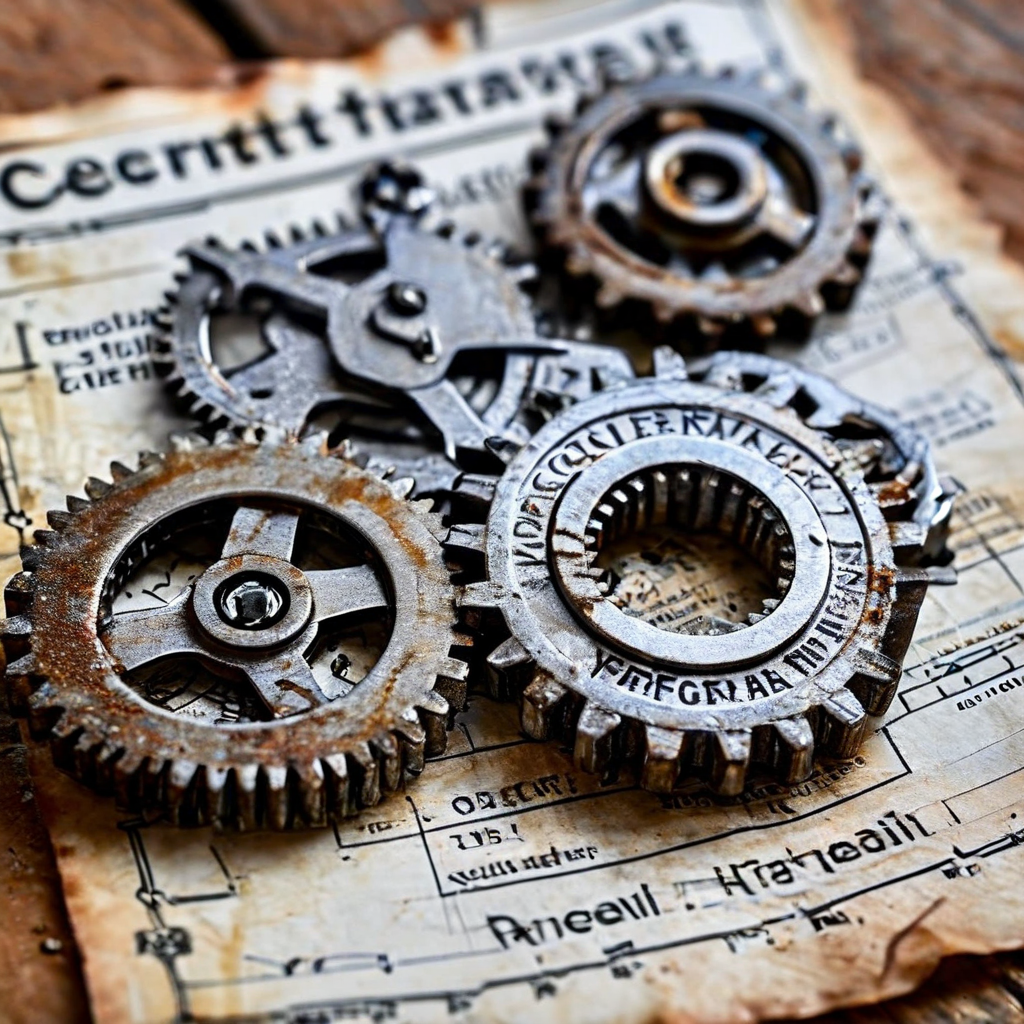 인증서 발급과 갱신 과정 간의 연결 고리가 끊어진 문제를 기술 도면 위의 기어와 부서진 체인 링크로 표현한 개념도 이미지입니다.