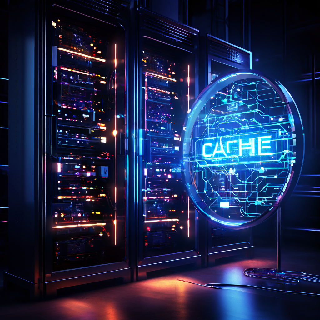 디지털 서버 랙에서 느리게 맥박치는 미약한 빛이 회로를 따라 이동하며, 캐시라고 표시된 오염된 데이터 노드를 확대경이 비추고 있는 기술 문제 분석 개념을 시각화한 이미지입니다.