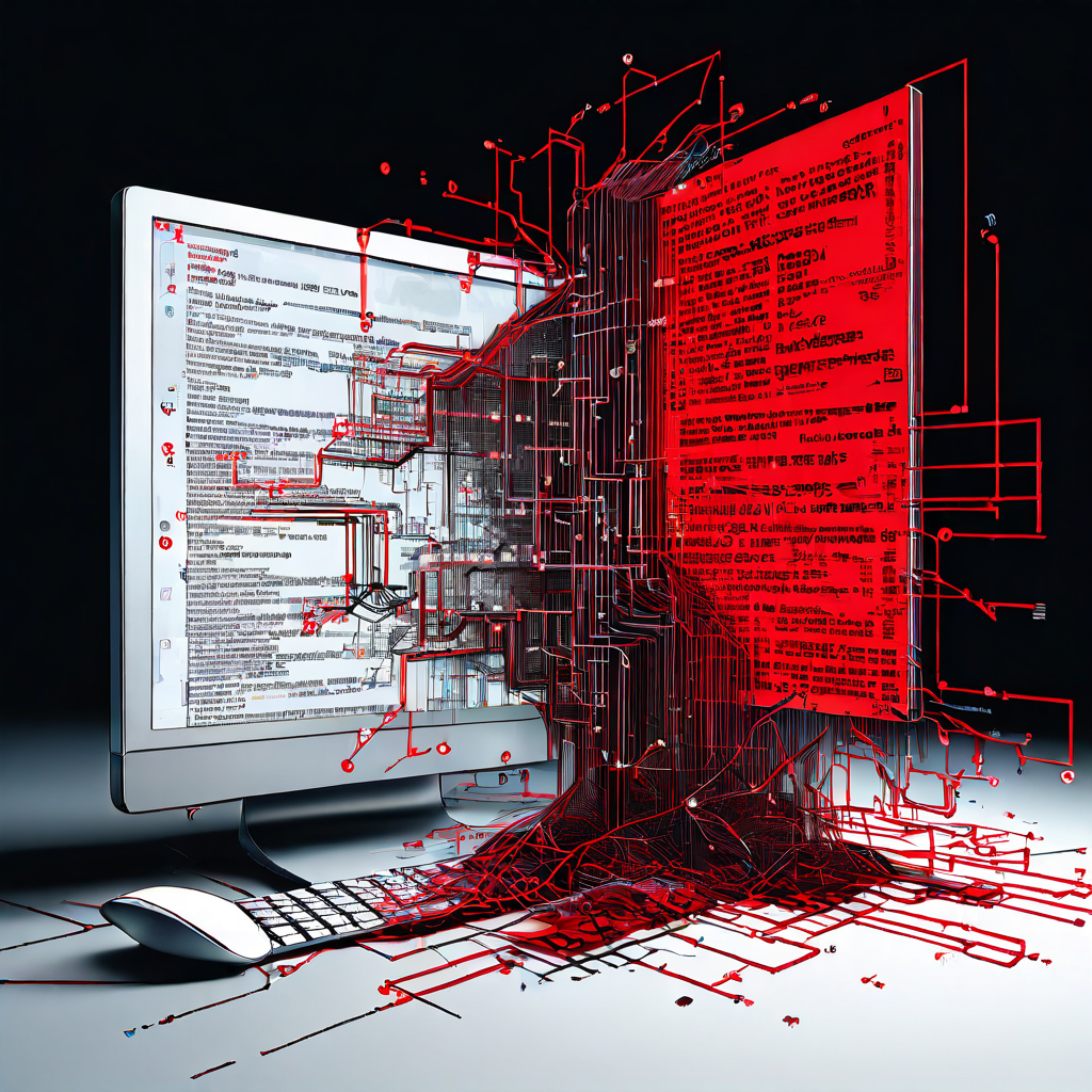 정상적인 소프트웨어 코드와 복잡하게 얽힌 마크업 언어의 연결이 빨간색 X 표시로 차단되어 소프트웨어 결함이나 호환성 문제를 상징적으로 표현한 개념도입니다.