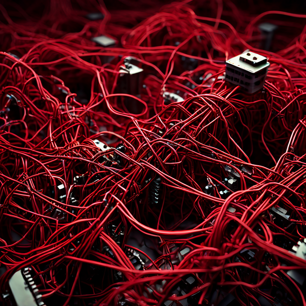 복잡하게 얽힌 전선과 기어 시스템에서 하나의 중요한 빨간 선이 끊어지며 전체 정교한 네트워크가 고장 나고 작동이 멈추는 순간을 상징적으로 묘사한 이미지입니다.