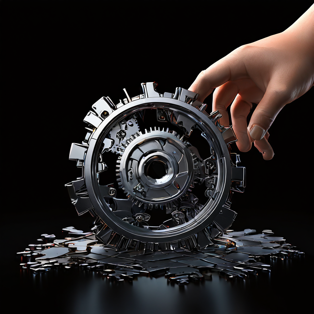 자동화된 검수 과정에서 결함을 발견하지 못하고 부서진 기어를 떨어뜨리는 로봇 손과, 그로 인해 드러난 확대경 모양의 퍼즐 조각 공백이 품질 관리 시스템의 실패와 한계를 상징적으로 보여주는 이미지입니다.