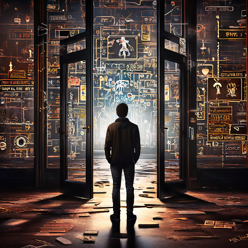 진로 결정의 갈림길에 선 사람이 각 문에 표시된 이직 이유와 자신의 진단 결과를 비교하며 고민하는 모습을 담은 일러스트 이미지입니다.