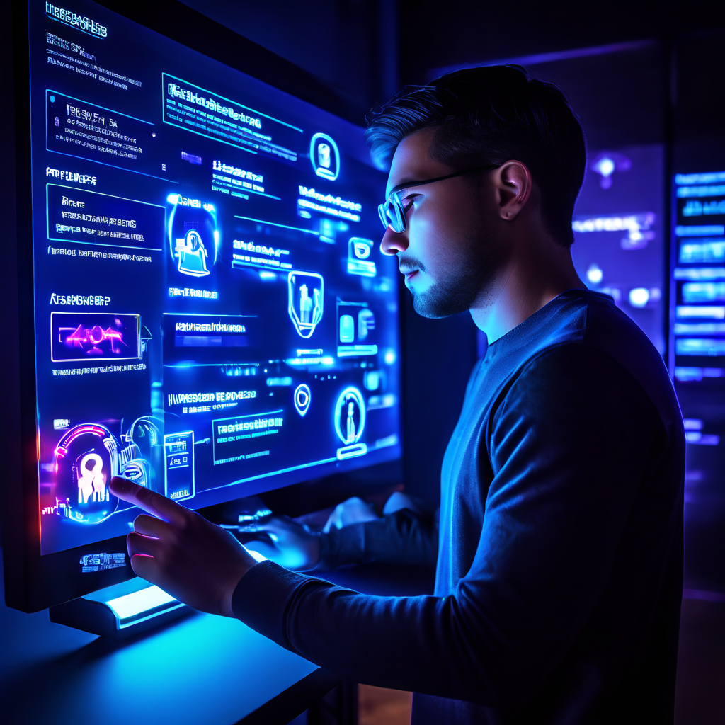 스크린 리더 사용자가 웹 접근성 기능의 활성화 상태를 시각적 아이콘의 밝기 변화로 확인하며 복잡한 웹사이트를 탐색하는 모습을 묘사한 디지털 일러스트입니다.