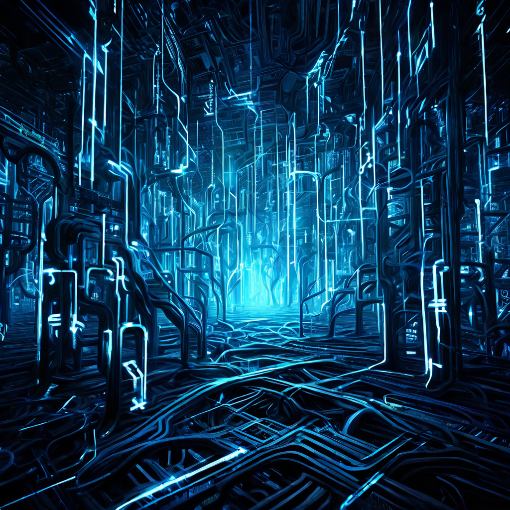 복잡하게 얽히고 빛나는 코드의 거미줄에 달러 표시가 박혀 있으며, 이는 금융과 기술의 융합이 점점 더 밀집되고 혼란스러워지는 현대 디지털 경제의 모습을 상징적으로 표현한 이미지입니다.