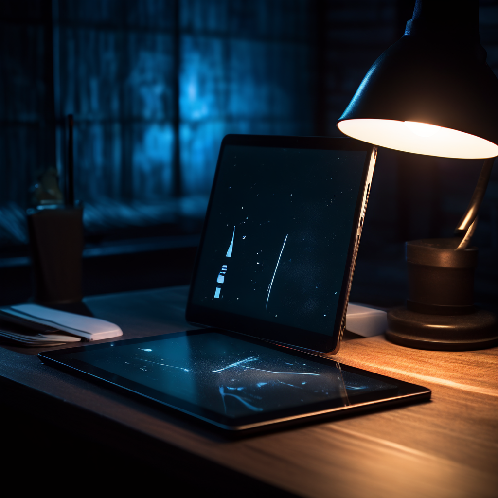 책상 위에 방치된 디지털 태블릿이 얇은 먼지층을 덮고 있으며, 화면에는 잊혀진 단일 앱 아이콘만이 희미하게 빛을 내고 있습니다.