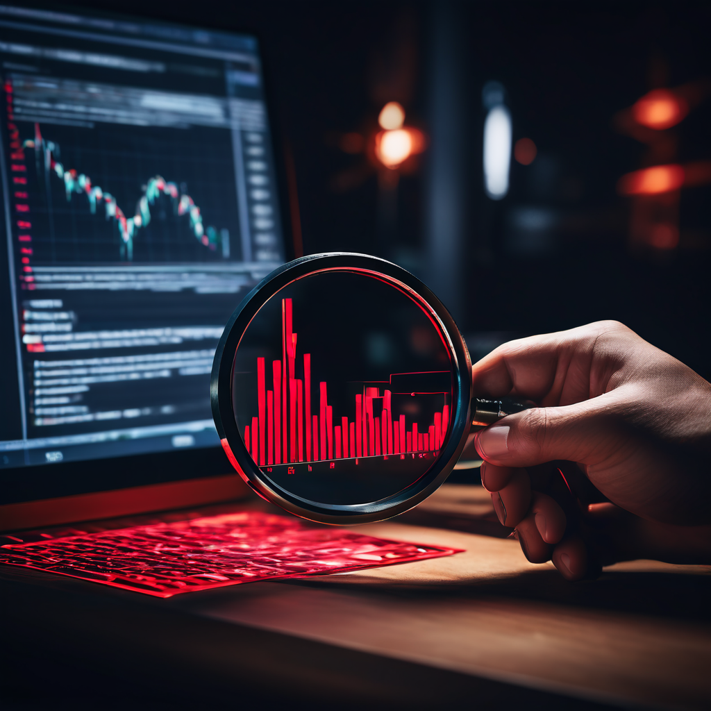 재무 데이터의 빨간색 오류 표시줄을 확대경으로 확인하며 우려하는 전문가가 재무 보고서의 불일치를 지적하는 이미지입니다.