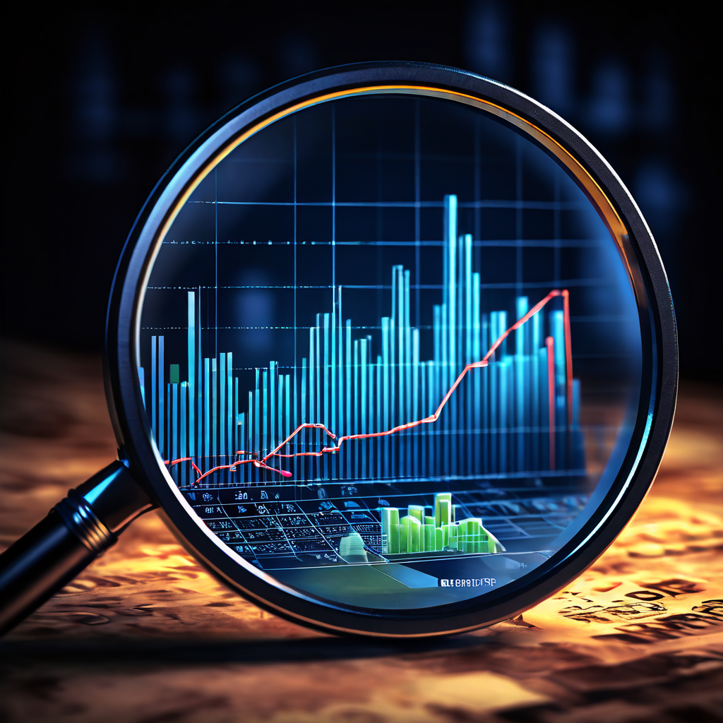 재무 차트 위에 놓인 돋보기가 상승하는 주가 그래프와 연결된 '사용자 문의' 태그를 강조하며 데이터 분석과 고객 인사이트의 연관성을 시각화한 이미지입니다.