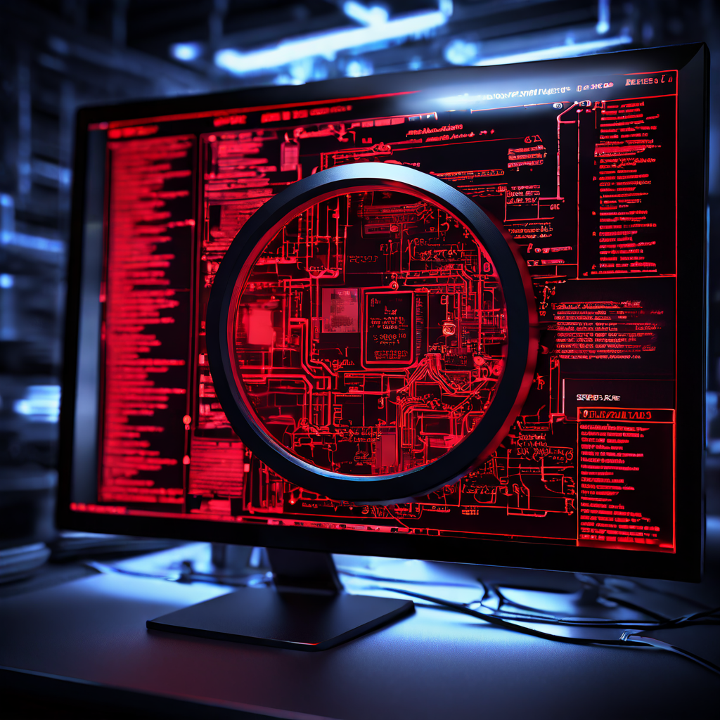 컴퓨터 화면에 표시된 복잡한 기술적 순서도의 특정 부분을 확대한 돋보기가 오류 메시지를 강조하고, 전반적으로 빨간색 경고 심볼들이 오버레이되어 시스템 문제점을 시각적으로 보여주는 이미지입니다.