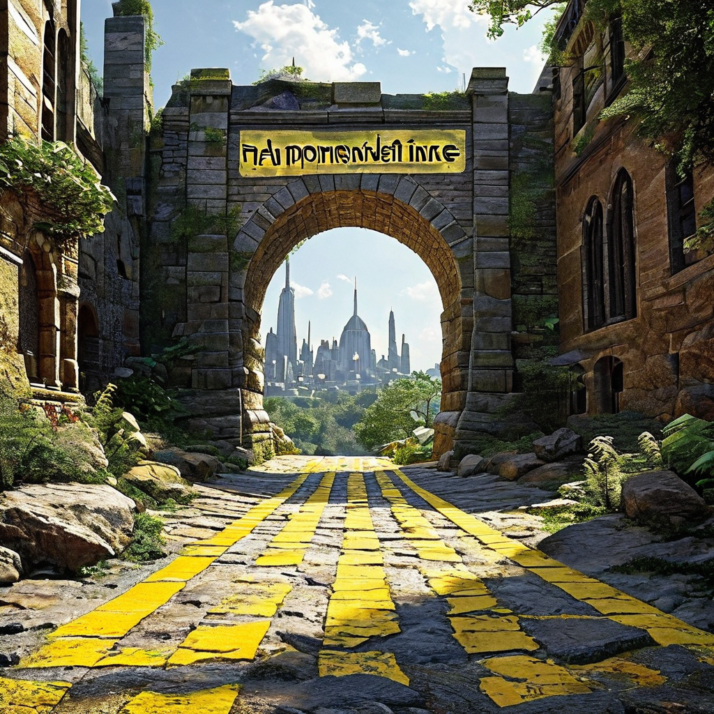 플랫폼 독립성을 의미하는 거대한 석조 아치 아래에서 브랜드화된 기업 도시로 이어지는 포장된 노란 벽돌 길이 구불구불하게 나 있는 기술 생태계의 진화 경로를 상징하는 이미지입니다.