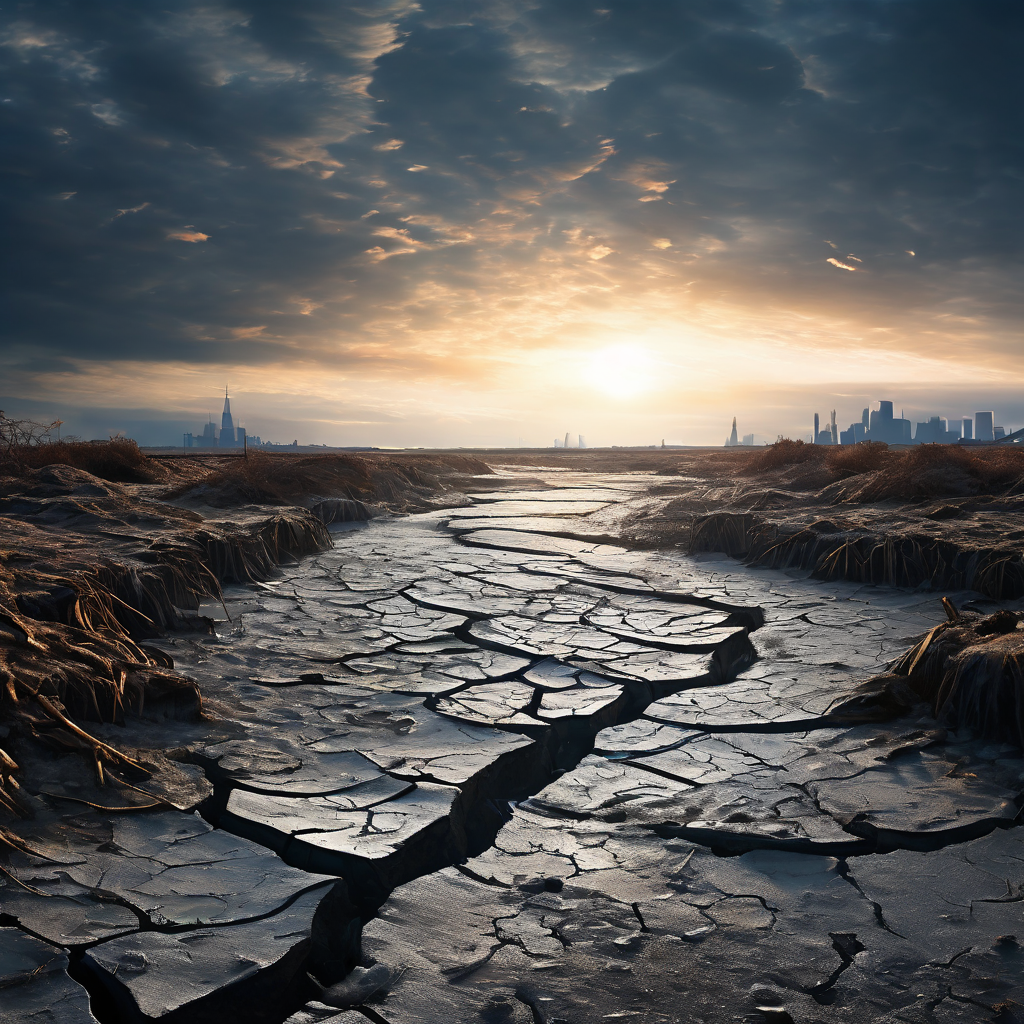 얼어붙고 갈라진 금융 시장 풍경을 상징적으로 묘사한 이미지로, 자금이 흘러야 할 강이 메마르고 병들고 정체된 하늘 아래 경제의 침체와 유동성 위기를 보여줍니다.