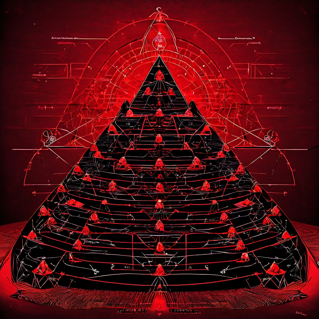 조직적 불법 도박 사건의 심각성을 상징하는 피라미드형 조직도로, 단순 공모를 넘어 체계적인 위협 요소가 연결망 전체로 확산되는 구조를 시각적으로 묘사합니다.
