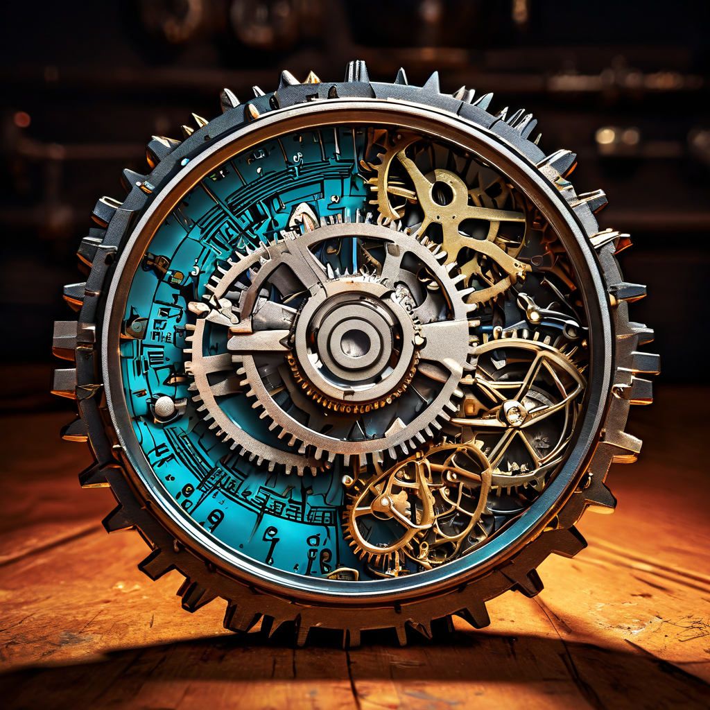 십진법 논리와 시스템 환경이라는 서로 다른 기어가 맞물리지 않아 계산 기호가 깨지는 문제를 확대경으로 살펴보는 이미지입니다.