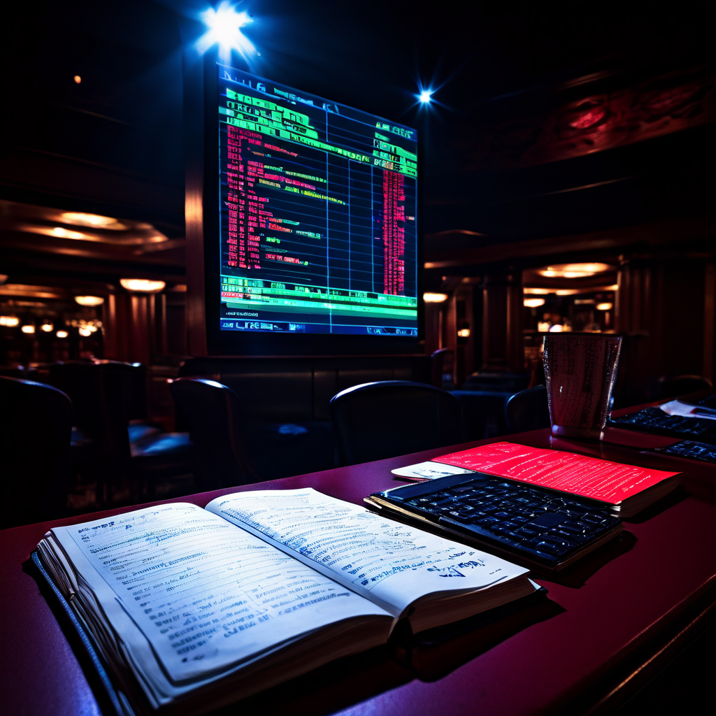 스포츠북의 핵심인 장부와 마진이 복잡한 경기 규칙 사이에서 빛나는 생명선처럼 강조되어, 스포츠 베팅 산업의 운영 구조와 핵심 수익원을 시각적으로 상징하는 이미지입니다.