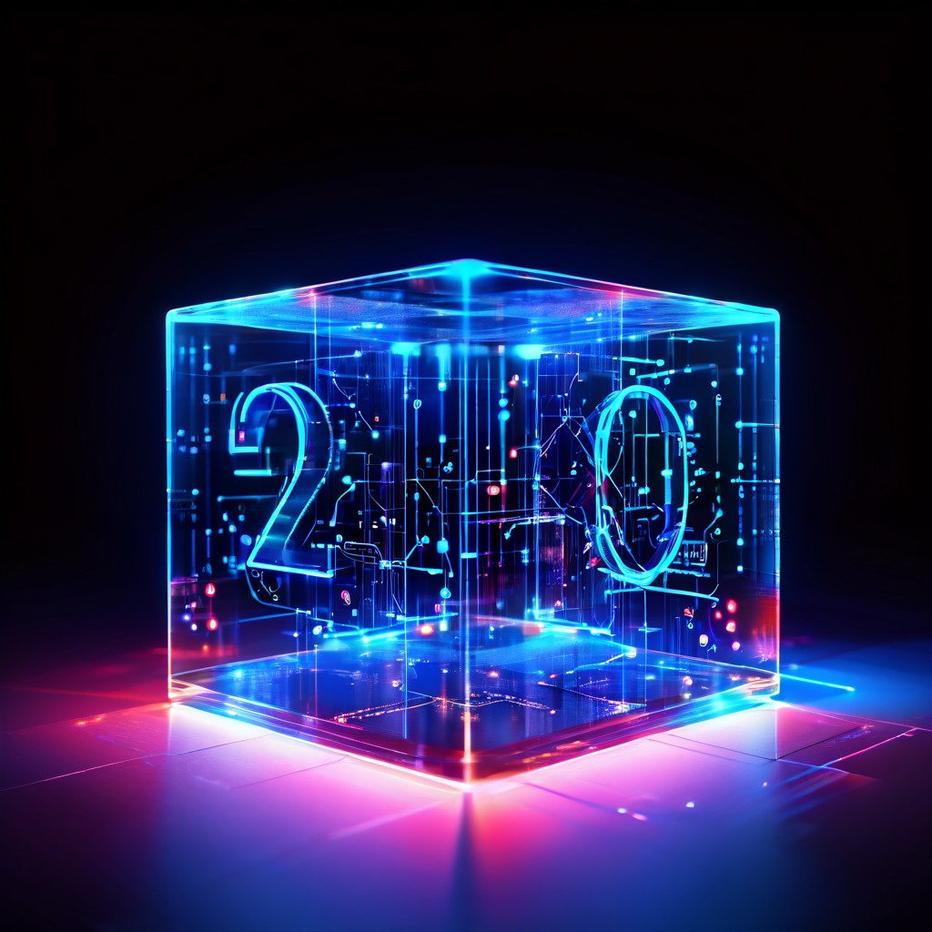 OZ Making의 핵심 역량 세 가지가 데이터 포인트로 연결되어 디지털 공간에 빛나는 큐브 형태로 시각화된 개념도입니다.