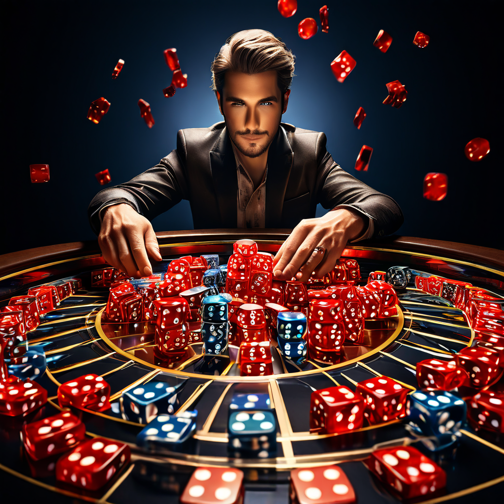 빛나는 주사위와 회전하는 룰렛 휠의 착시 이미지로, 사람의 집중적인 시선이 결과에 영향을 미치지 않는 확률의 독립성을 상징적으로 표현한 개념도입니다.