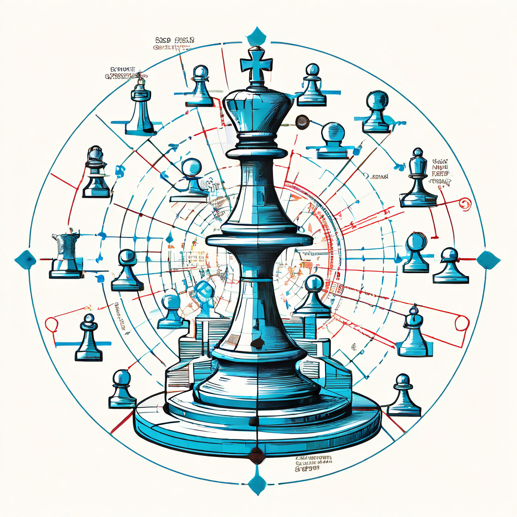 체스 플레이어의 숨겨진 의사결정 경로가 압박과 왜곡된 확률 화살표의 영향을 받는 과정을 분석적으로 보여주는 전략적 사고 프로세스 다이어그램입니다.
