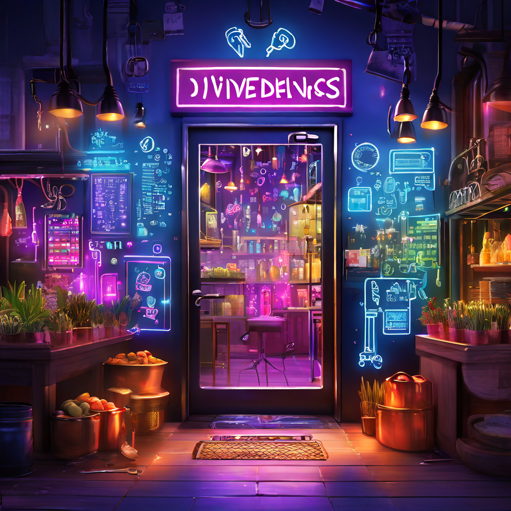 배당금이라는 열쇠로 고객 유입과 유지를 성공적으로 해내는 비즈니스 전략을 유동적인 플로우차트와 함께 상징적으로 보여주는 지역 시장의 활기찬 이미지입니다.