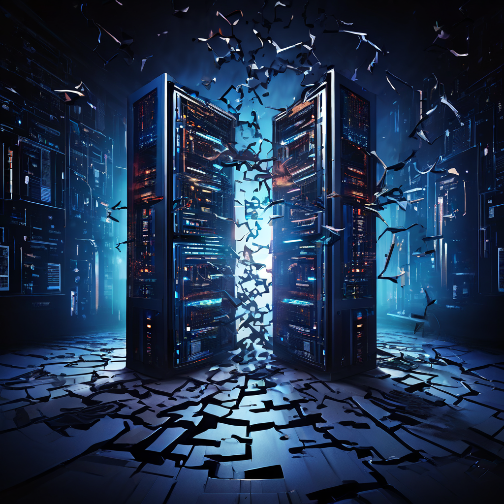 데이터 보안 위협과 시스템 취약점을 상징적으로 표현한 이미지로, 퍼즐 조각이 빠진 채 균열이 간 데이터 서버 주변으로 혼란스러운 요소들이 통제 불가능하게 소용돌이치고 있습니다.