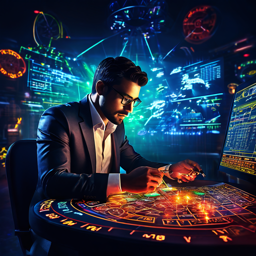 카지노 베터가 스포츠북 배당률을 집중적으로 분석하며 확률 차트와 수식으로 무장한 우연의 기술을 마스터하는 모습을 상징적으로 묘사한 이미지입니다.