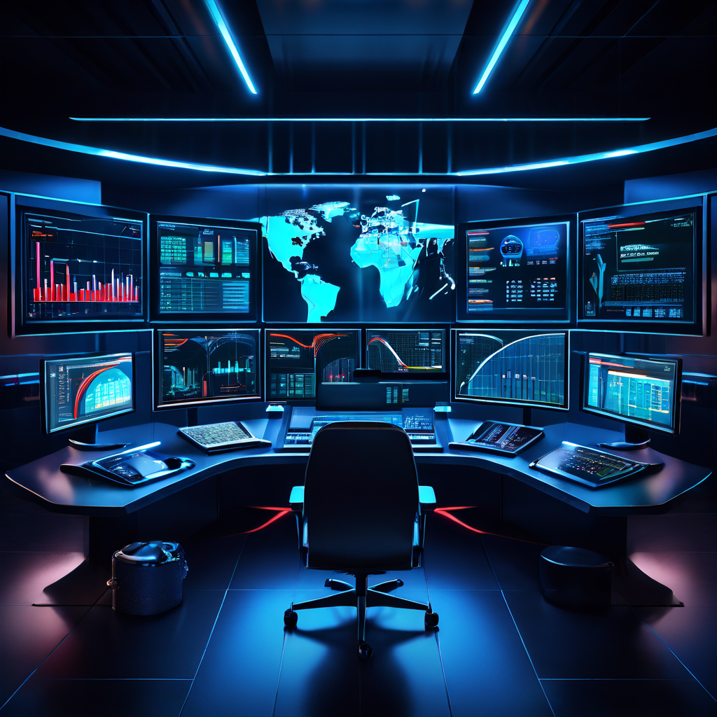 금융 데이터 흐름 차트와 보안 분석 오버레이가 표시된 모니터들을 보호하는 빛나는 디지털 실드가 설치된 세련된 금융 보안 통제실 내부 모습