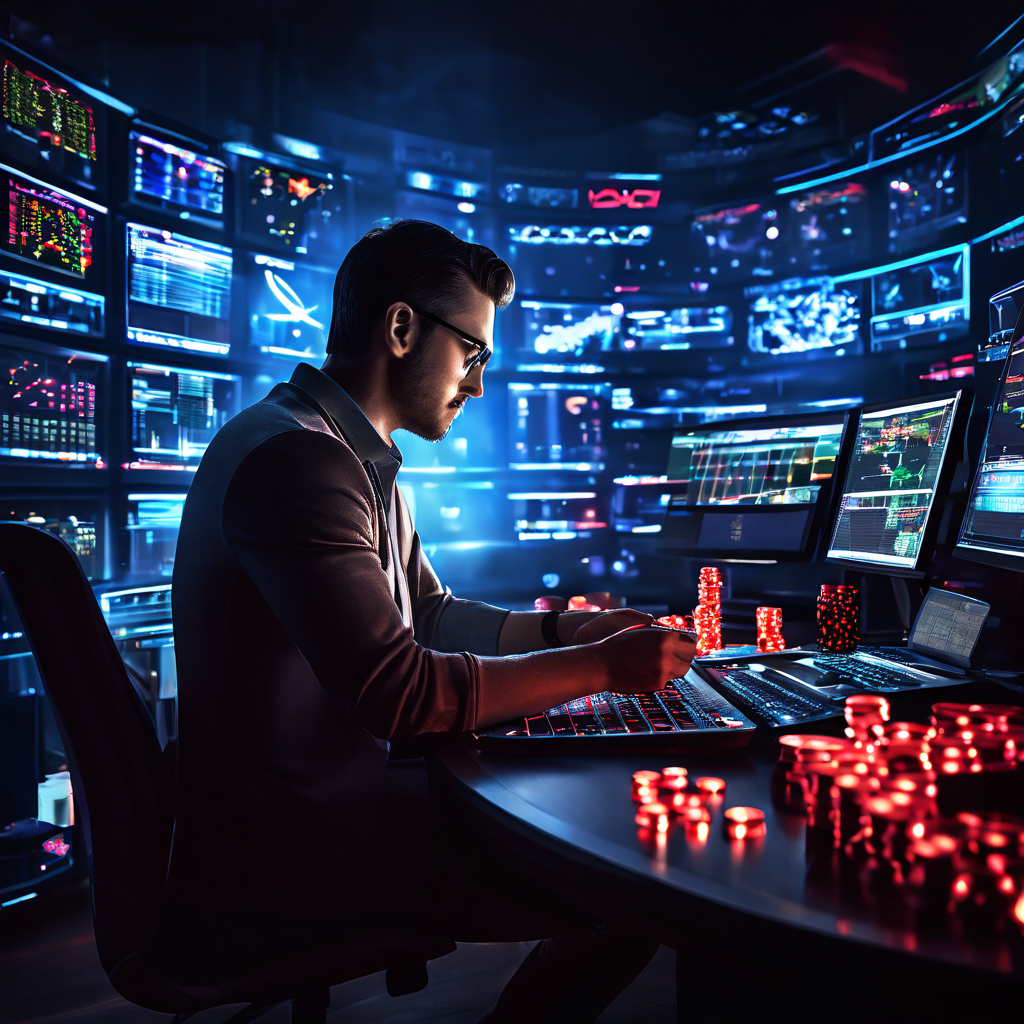 데이터 분석가가 여러 화면에 표시된 복잡한 스포츠 통계와 예측 모델을 집중적으로 분석하며, 우연에 의존하는 주사위와 카드 게임 요소를 배제하는 모습을 담은 이미지입니다.
