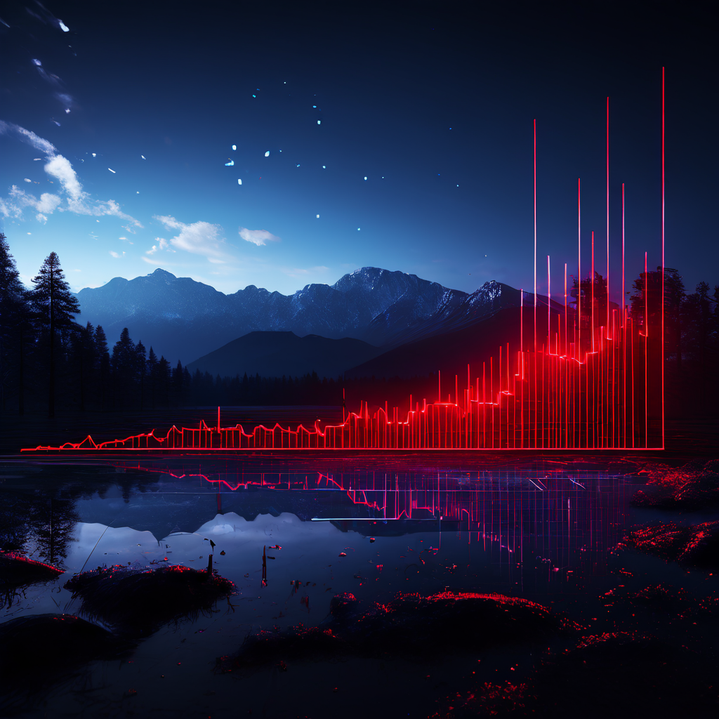 경고 수치가 빨간색으로 점멸하는 붕괴된 그래프 선과 대조적으로 배경에는 방치된 평화로운 풍경이 함께 있는 디지털 분석 대시보드 인터페이스를 보여줍니다.