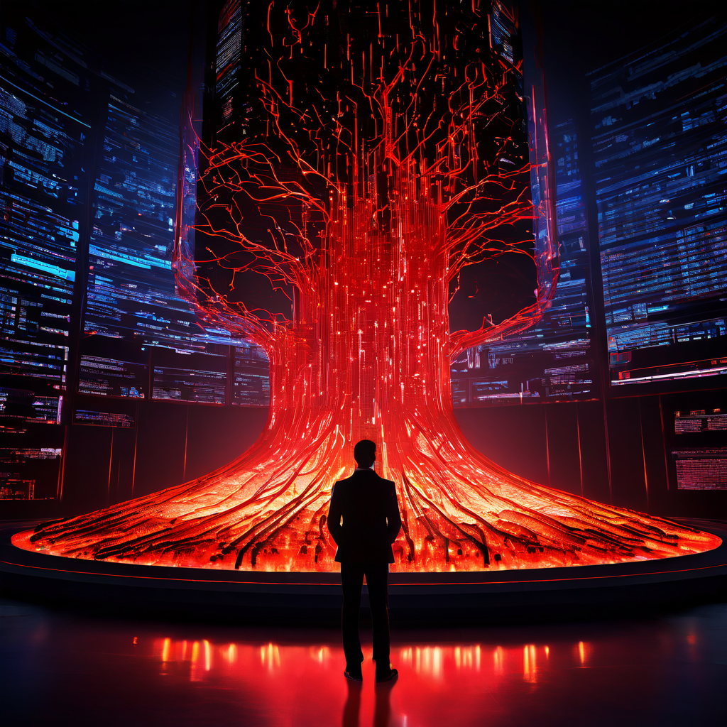 데이터 분석가가 안정적인 빛의 데이터 코어가 예측 불가능한 변수들로 가득한 세 개의 혼란스러운 가지로 분열되는 복잡한 과정을 관찰하는 모습을 담은 이미지입니다.