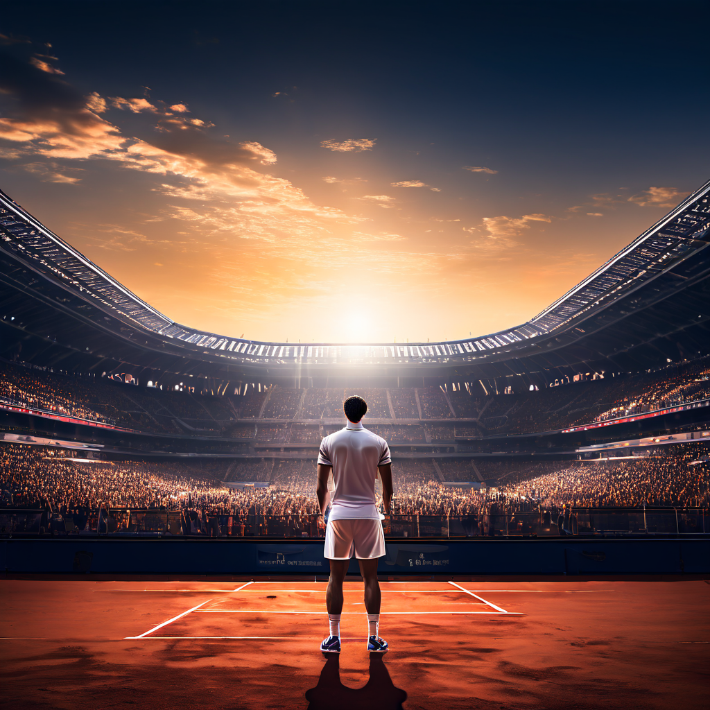 테니스 선수가 센터 코트에서 우승 트로피를 들고 포즈를 취하며, 배경에는 흐릿하게 표현된 대규모 경기장 관중이 열광적인 분위기를 더하는 모습을 담은 이미지입니다.