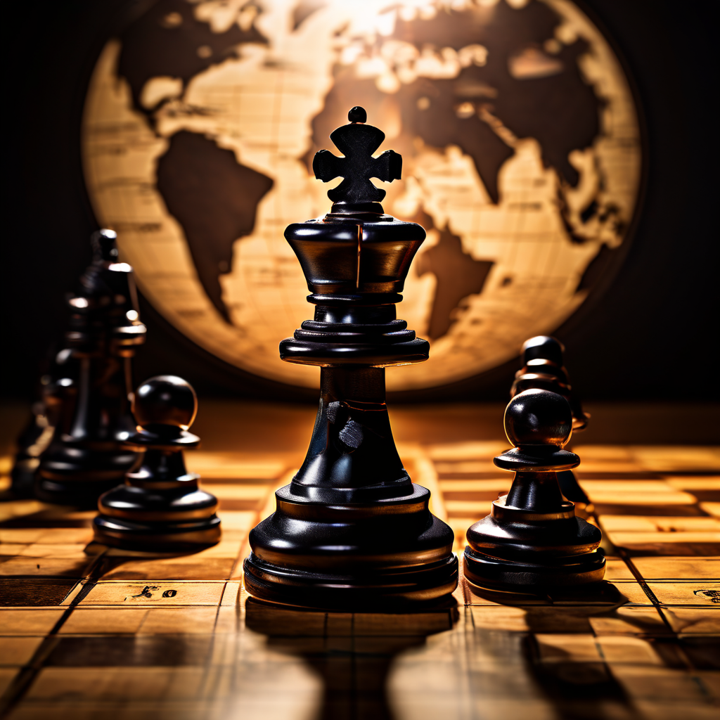 체스 말의 클로즈업과 그 그림자 속에 숨겨진 기어 톱니를 배경의 세계 지도 모양 게임 보드와 빛나는 전략적 경로가 연결된 전략적 사고와 글로벌 게임 이론을 상징적으로 표현한 이미지입니다.