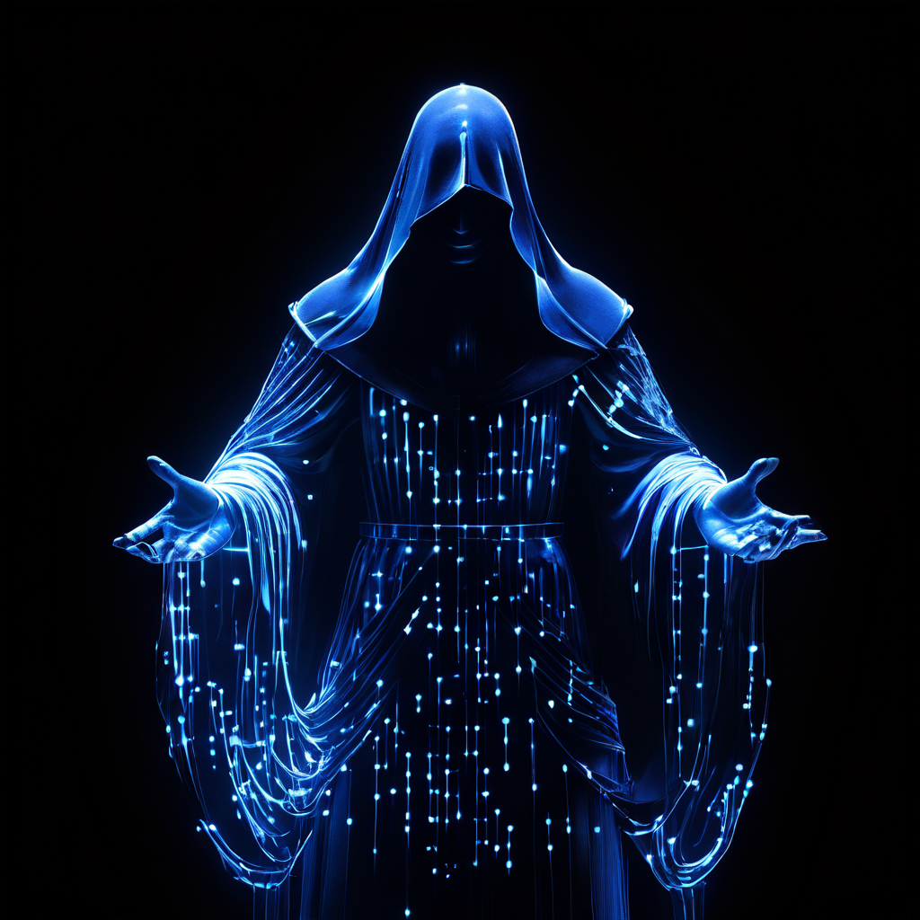 실시간 데이터의 흐름에 따라 형태가 끊임없이 변형되고 흔들리는 판사의 실루엣이 강력한 착시 효과를 만들어내는 디지털 시대의 법적 판단을 상징하는 이미지입니다.