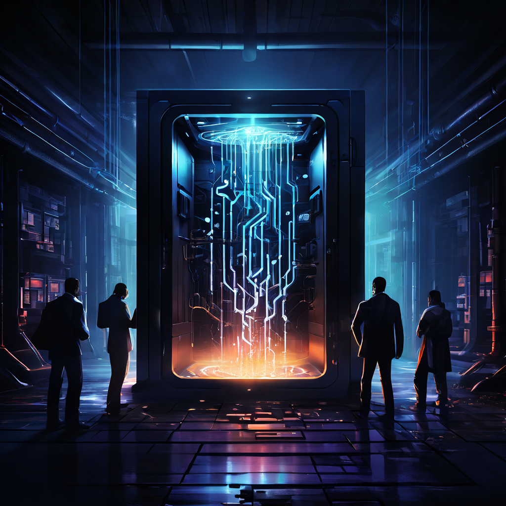 디지털 금고 안으로 안전하게 흐르는 빛나는 데이터 스트림과 외부의 훼손된 배관을 노리는 위협 요소를 대비하는 사이버 보안의 중요성을 상징적으로 표현한 이미지입니다.