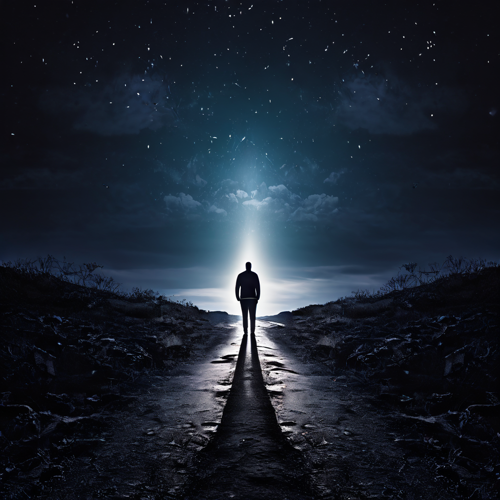 인생의 갈림길에서 밝고 확실한 길과 어둡고 위험한 길 사이에서 고민하는 모습을 상징적으로 표현한 이미지입니다.