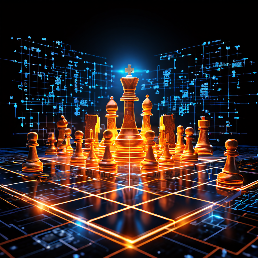 정보 비대칭을 극복하는 경제적 투명성을 상징하며, 체스 말 사이를 흐르는 빛나는 데이터 스트림이 숨겨진 가치와 자원을 드러내는 체스판 이미지입니다.
