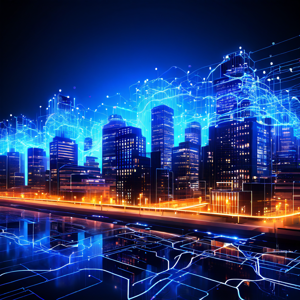 스마트시티의 신경망이 데이터를 강처럼 흐르게 하여 디지털 건물 설계도를 수정하며, 단순 오류 수정을 넘어 기반 시스템 신뢰의 중요성을 상징적으로 보여주는 이미지입니다.