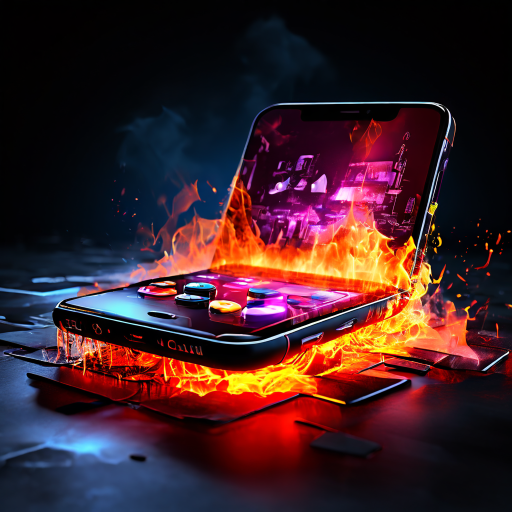 Heat-induced input lag in mobile gaming shown by a player's hand tapping a warm smartphone screen, with slight motion blur on the