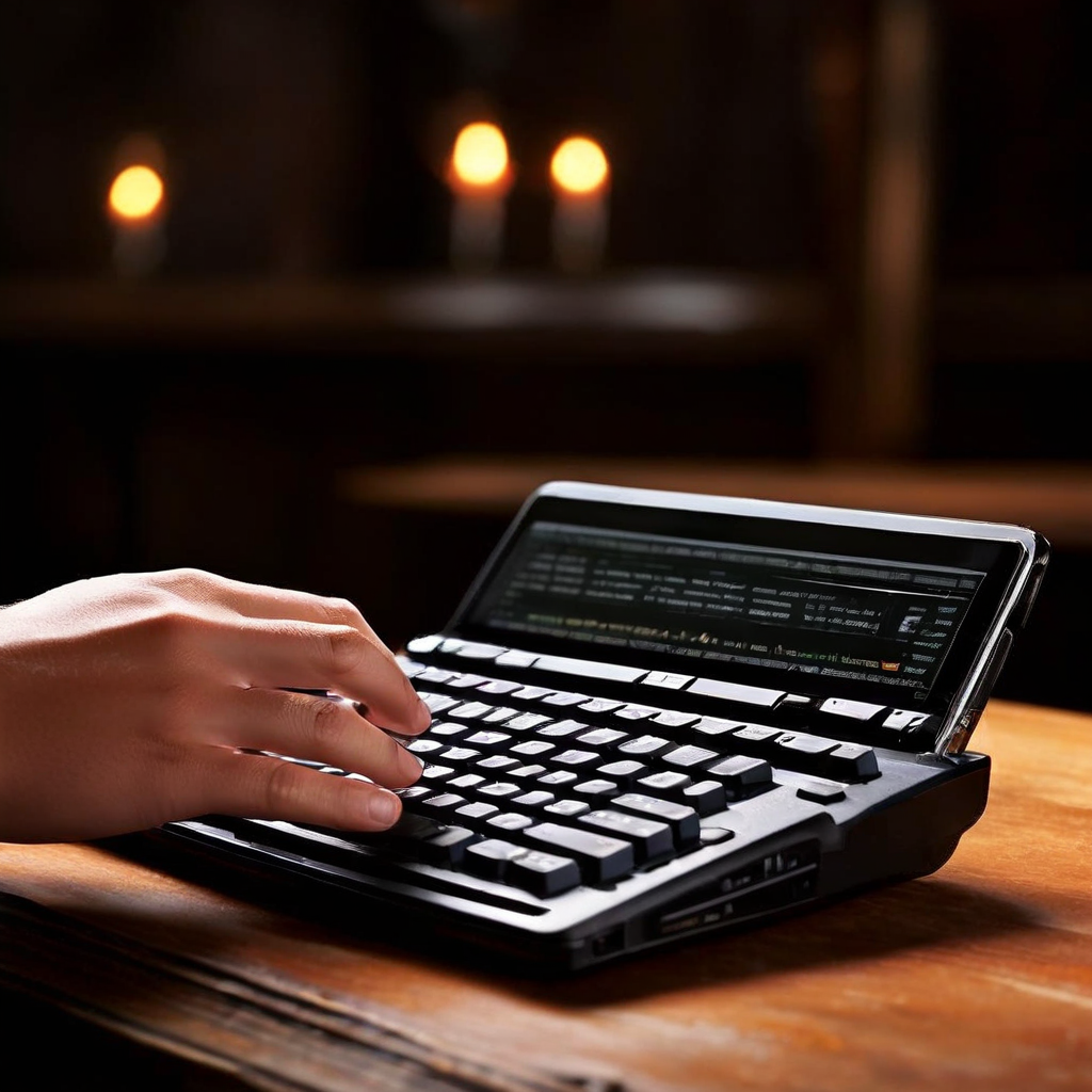 Person holding a smartphone while typing with one thumb, showing a blurred keyboard on the screen with a frustrated expression, so