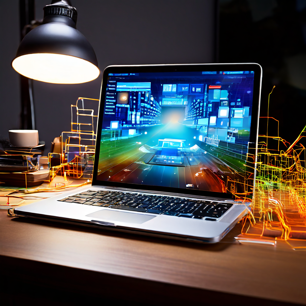 A person holding a smartphone in one hand while using a laptop with a blank screen on a wooden desk, with a blurred background of