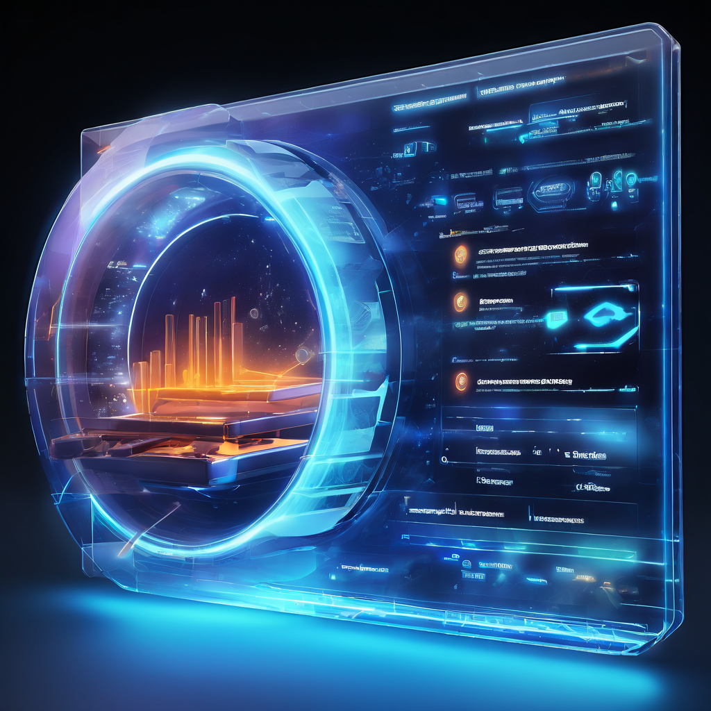Close-up of an abstract futuristic account history interface with layered digital panels, glowing data paths, and secure service...